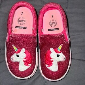 Toddler Baby Girls Sparkly Pink Glitter Unicorn Slip On Shoes Size 7